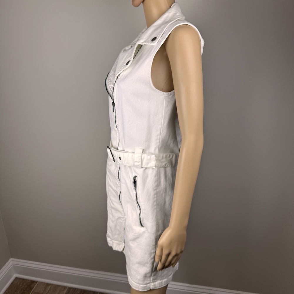 Divided White Denim Moto Zip Buckle Strap Bodycon Dress Sz 8 Biker Party - Picture 9 of 16